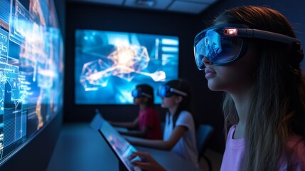 High-tech augmented classroom featuring quantum-powered lessons, students wear AR glasses while engaging in immersive quantum physics experiments, the classroom blending with virtual elements.