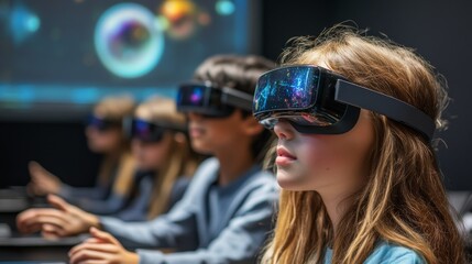 High-tech augmented classroom featuring quantum-powered lessons, students wear AR glasses while engaging in immersive quantum physics experiments, the classroom blending with virtual elements.