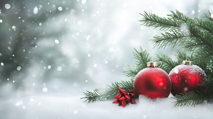 Soft, snowy background with red Christmas ornaments and pine needles. Copy space available.