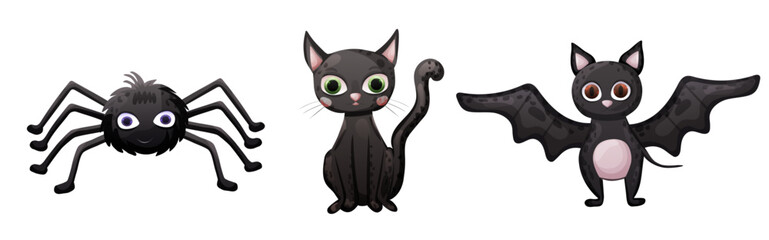 Set with cute Halloween animals cat and bat in black color. Vector holiday illustration