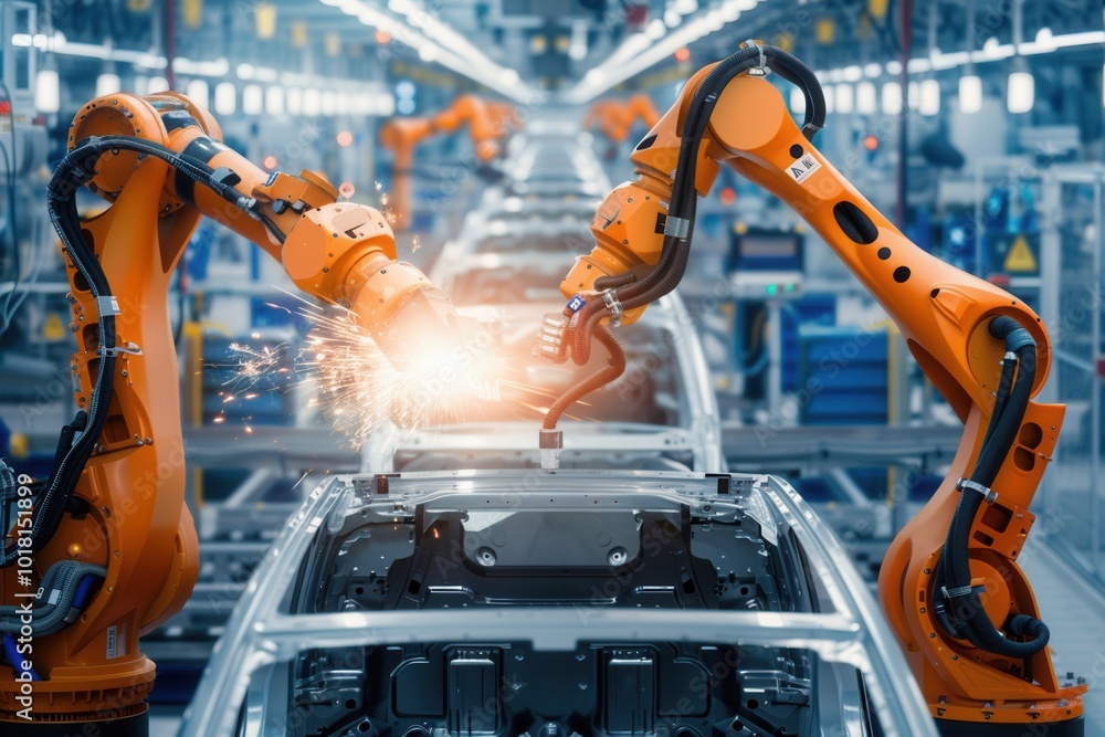Poster Robotic arms work meticulously to perform assembly tasks on vehicles in a busy automotive manufacturing facility. Generative AI