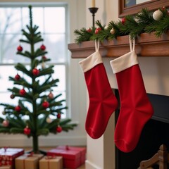 Red stockings hung above fireplace decorated Christmas tree and presents beneath snowy window view