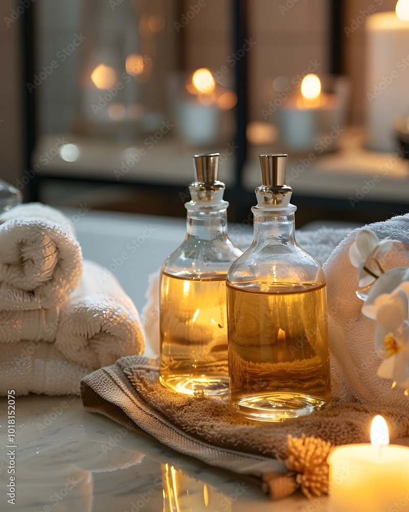 Poster luxurious spa setting with scented oils soft towels and calming candles