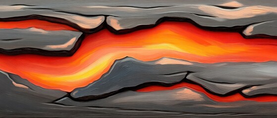Abstract representation of molten lava flowing through dark rocks.