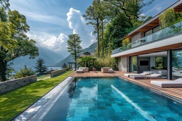 Fototapeta premium Beautiful modern villa with pool and wooden deck in Lake Como, surrounded by green grass, trees, and garden furniture under a blue sky.