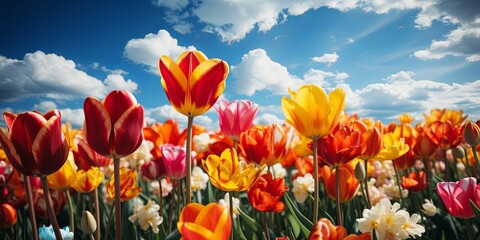 Obraz premium A vibrant field of tulips blossoms under a clear blue sky, showcasing a variety of colors and textures, creating a breathtaking display of nature's artistry.