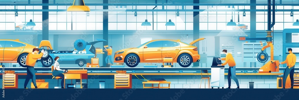 Leinwandbilder skilled workers are busy producing automotive components using precise machinery in a bright, bustli