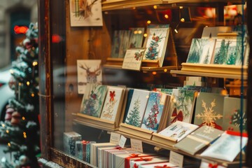 Christmas shop showcase with greeting cards, holiday spirit displayed for shoppers.