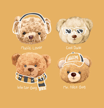Naklejki cute bear doll head in different style vector illustration