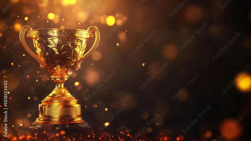Poster golden trophy with sparkling background and bokeh effects