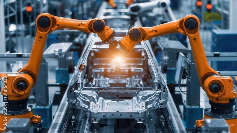 Poster Robotic arms execute meticulous assembly tasks on a car production line in an advanced manufacturing environment. Generative AI