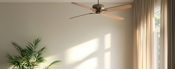 Bright interior with ceiling fan, natural light, and potted plant in cozy space.