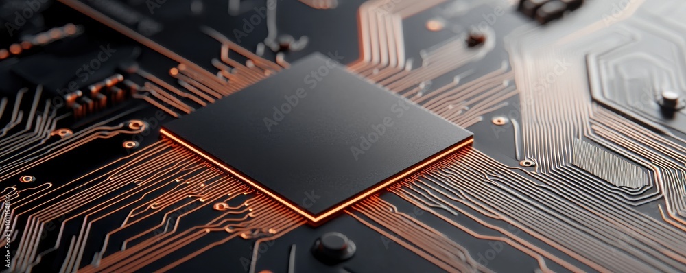 Poster computer chip on a circuit board with intricate connections.