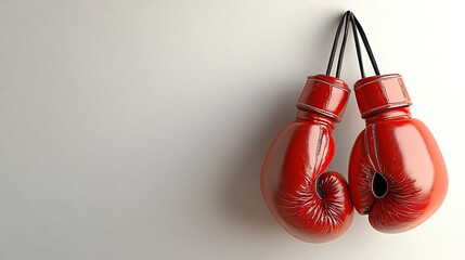 Red Boxing Gloves Hanging on a White Wall Sport Equipment Competition Training Fight