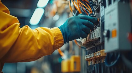 Electrician's Hand Working on Electrical Panel with Wires and Circuit Breakers