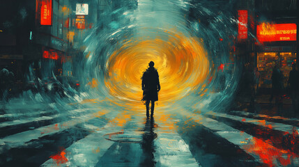 A busy street scene where only one figure is frozen in place, surrounded by chaotic swirling lines representing anxiety.