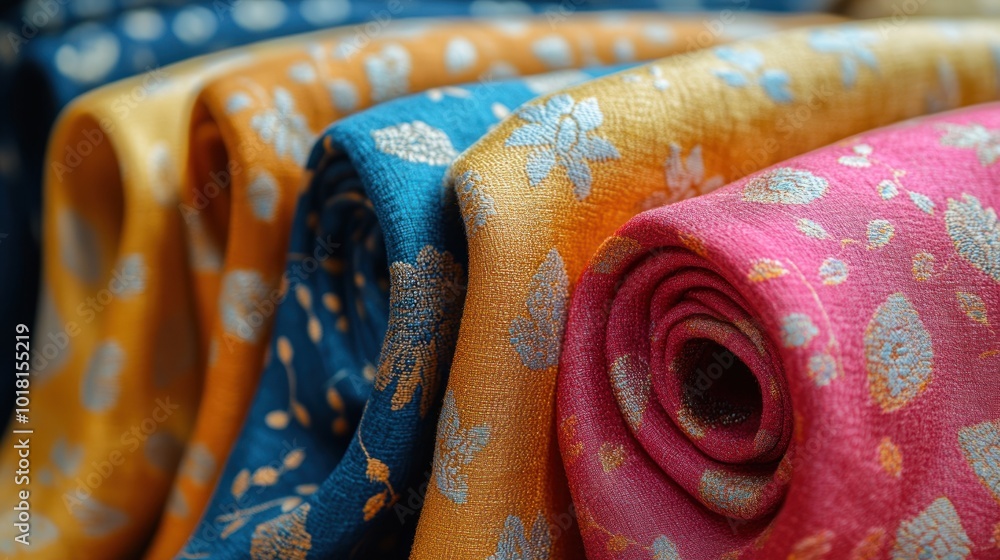 Poster colorful rolled fabrics showcasing intricate patterns and textures.