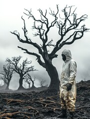A man in protective clothing stands on scorched earth with dying trees on the horizon. a metaphor for the struggle between man and nature. climate change and pollution