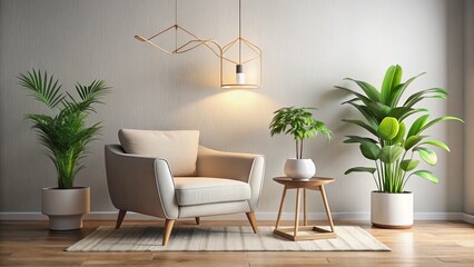Fototapeta premium Embrace minimalist living with a chic chair and vibrant indoor plant, creating a modern home decor design that showcases simplicity and