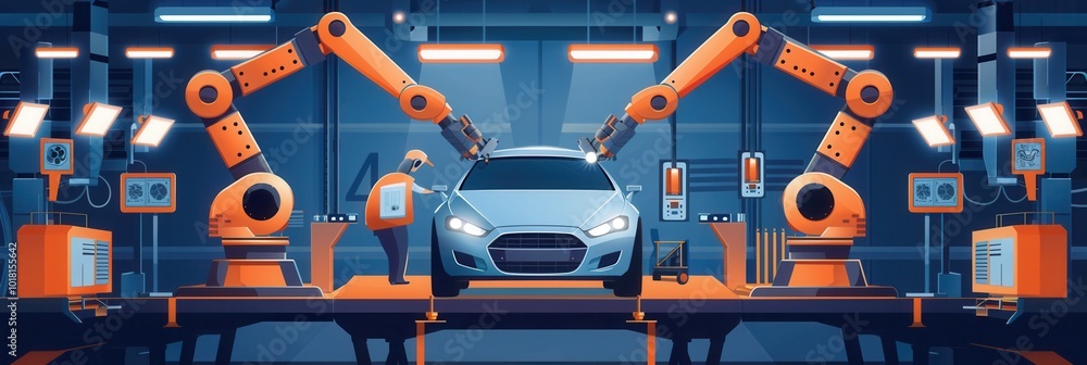 Aufkleber Advanced robotic arms efficiently perform precise tasks on vehicles as workers oversee operations in a state-of-the-art assembly line. Generative AI