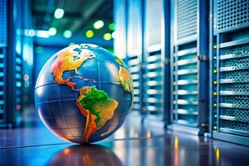 Internet Globe in Front of Server Cabinet - Tilt-Shift Photography for Technology and Data Visuals