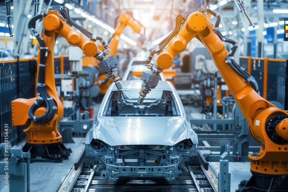 Poster robotic arms meticulously perform assembly tasks on a car chassis in a high-tech industrial setting 