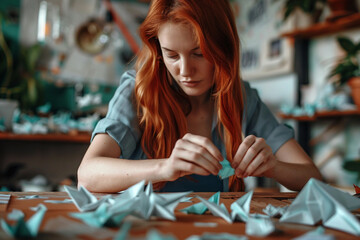 Fototapeta premium Generative AI: Woman creating intricate origami in a cozy room