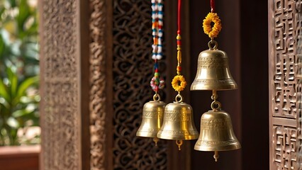 Obraz premium Hanging brass bells used in Vastu for cleansing negative energy and inviting positivity into homes and temples. Perfect for entryways or prayer rooms.