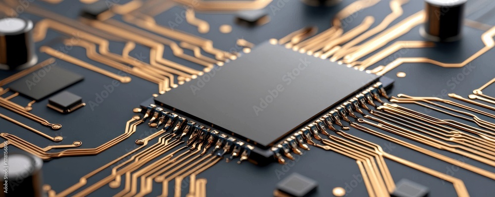 Poster microchip close-up on a circuit board with intricate wiring, isolated background.