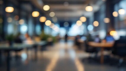 This image shows a blurred view of a modern office space with desks, chairs, and hanging lights, creating a warm and professional atmosphere