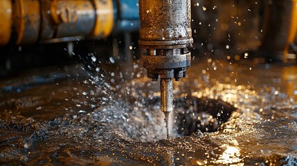 Industrial Drill Bit Cutting Through Water with Splashing Water Droplets