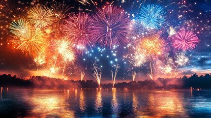 Fototapeta premium Amazing colorful fireworks display over the rural lake on the background of the night sky with reflections on water