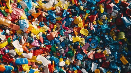 Obraz premium Pile of colorful plastic waste in a recycling center. Pollution concept.