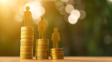 Conceptual image representing career growth, income inequality, or wealth distribution with wooden figures on coin stacks in a natural lighting background.