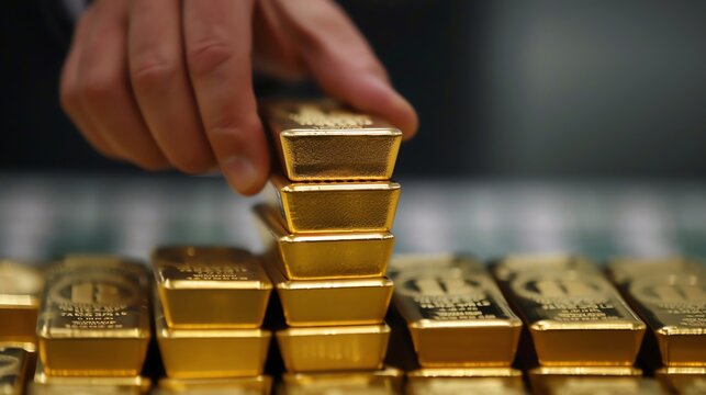 A stack of shiny gold bars being arranged by a hand, representing wealth, investment, and financial security.