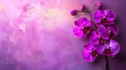 Blooming purple orchids against textured purple background for decorative purposes