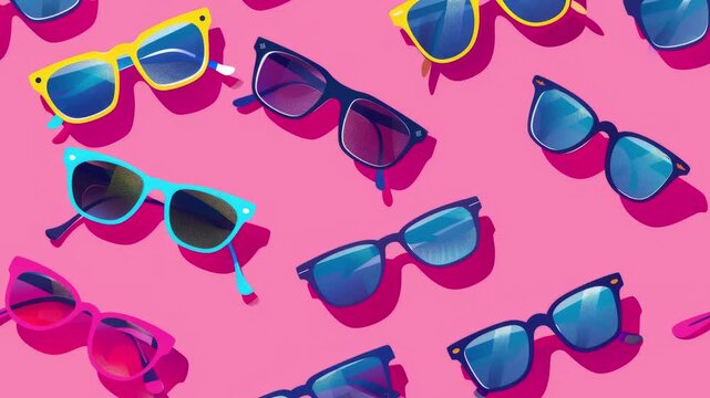 Seamless loop animation of different colored Sunglasses Pattern on bright pink background