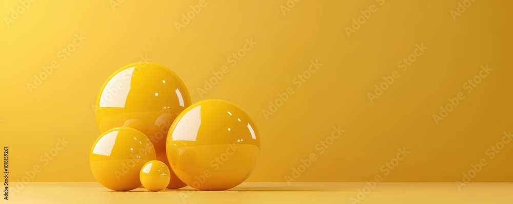 Poster 3d yellow bubbles forming a floating pattern on a vibrant surface, offering a dynamic and cheerful d