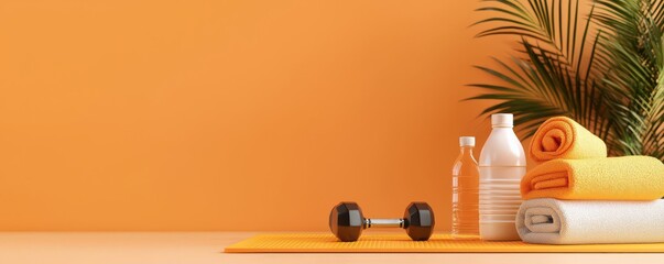 A top view of a fitness mat with water bottles, dumbbells, and towels arranged in a vibrant 3D clay render style, perfect for a workout ad