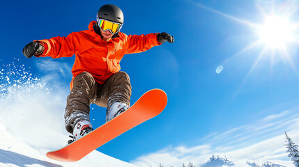 Snowboarder launching off a snowy jump, spinning in midair with a freestyle trick, extreme snowboarding action shot