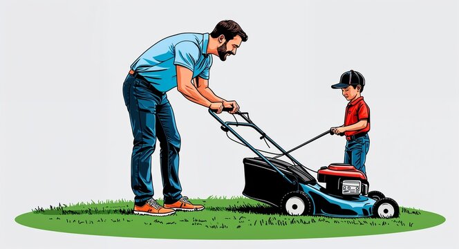 recommend clip art: Hand drawing clipart of a father teaching son to mow lawn on plain white background