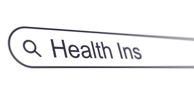 Typing word Health Insurance into search box, search bar close-up, text box in browser with query what is Insurance, footage