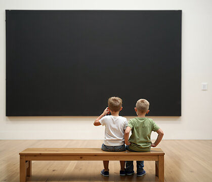 Two boys in a museum wondering about a completely black canvas. Introducing young people to art concept. - Powered by Adobe