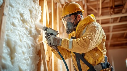 Construction Worker Applying Spray Foam Insulation to Wall