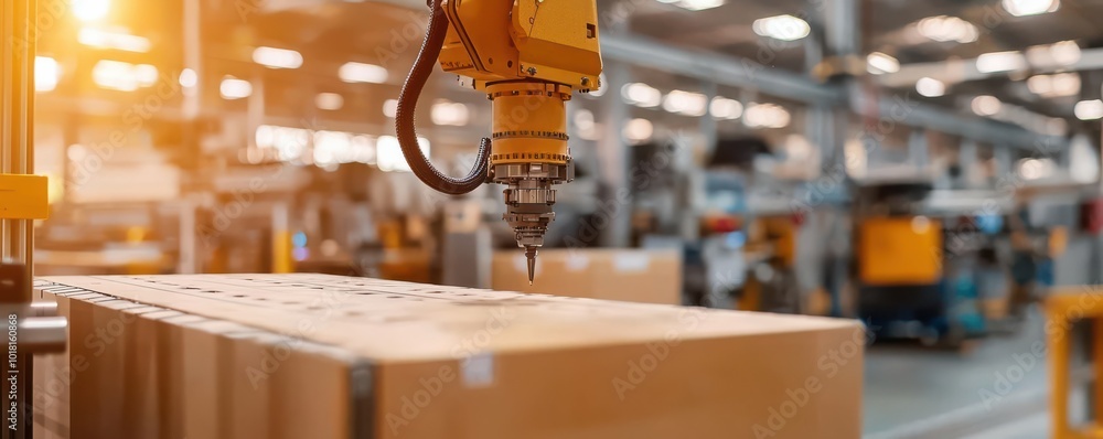 Poster robotic arm working efficiently on an automated production line, representing modern manufacturing a
