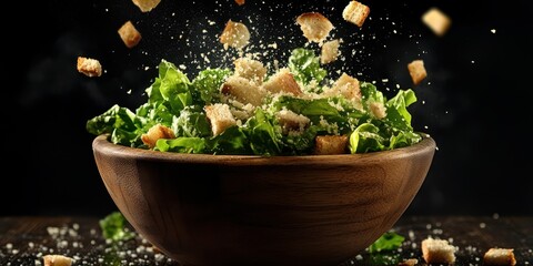 A vibrant salad with fresh greens and croutons being tossed in mid-air, capturing a dynamic and appetizing moment.
