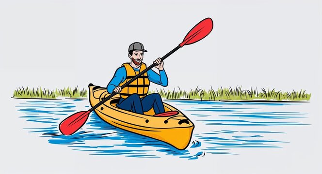 kayaker paddling yellow kayak on blue water clip art preview
