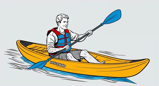kayaker in yellow kayak with blue paddle clip art preview