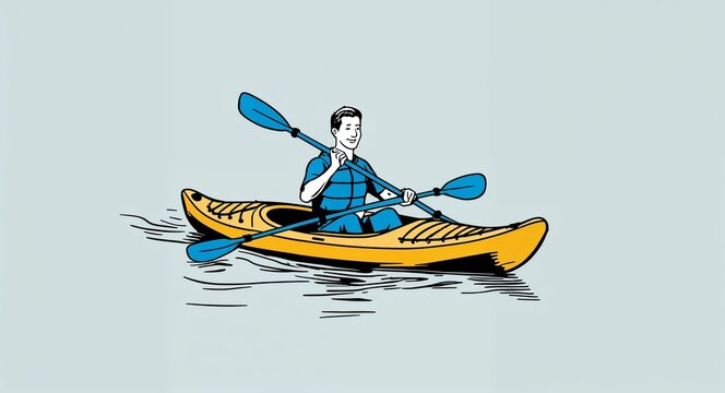 kayaker in yellow kayak with blue paddles clip art preview