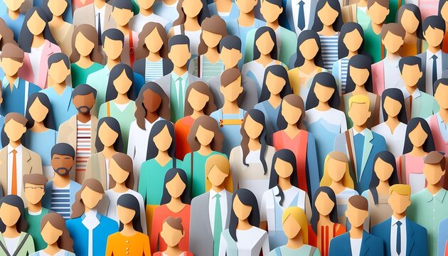A colorful illustration of a diverse crowd of faceless people, created with a paper-cutout style